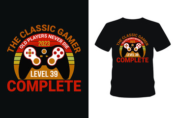 Old players never 1985 level 01 complete, Next level unlocked gaming t-shirt design,  Vector graphic, typographic poster, vintage, bundle t-shirt, label, badge, logo, icon or t-shirt