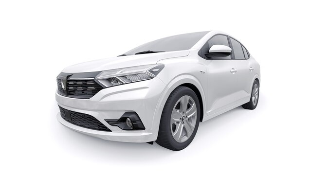 Paris. France. March 22, 2022. Dacia Logan 2021 is a cheap family European car also known under the Renault brand. A white car model on a white background. 3d illustration