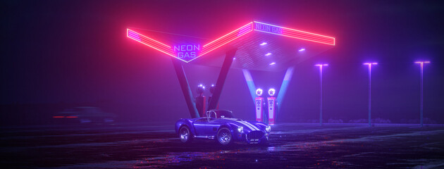 Neon gas station and retro car. Vintage cyberpunk auto. Fog rain and night. Color vibrant reflections on asphalt. Shelby Cobra. 3D illustration.