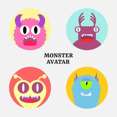 Set of icons, cute cartoon 4 monsters in circles with emotions faces