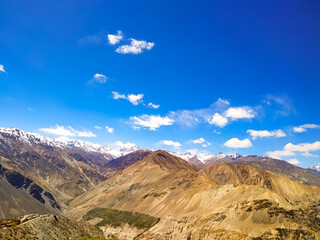Beautiful view of spiti valley with blue sky and clouds in Himachal Pradesh, India