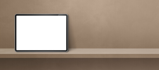 Digital tablet pc on brown wall shelf. Background banner