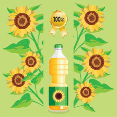 Sunflower oil bottle and flower