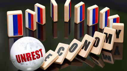 Russia and unrest, economy and domino effect - chain reaction in Russia economy set off by unrest causing an inevitable crash and collapse - falling economy blocks and Russia flag,3d illustration - obrazy, fototapety, plakaty
