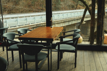 Photo of cozy wooden restaurant in mountain resort