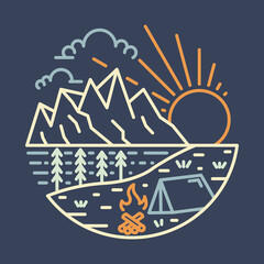 Camping with beauty view of nature with sunrise graphic illustration vector art t-shirt design