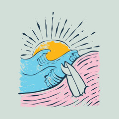 Beauty beach with good wave and sunset graphic illustration vector art t-shirt design
