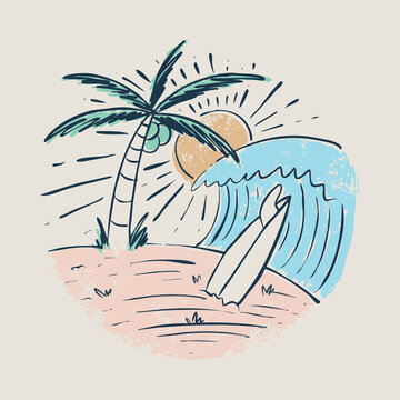 Beauty beach with good wave and surfing graphic illustration vector art t-shirt design