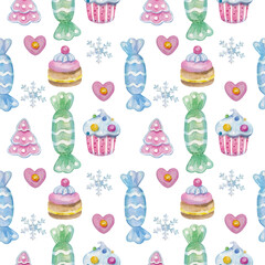 Watercolor seamless pattern with sweets and cakes on white background