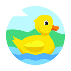 cute yellow rubber duck in water, isolated on white background, vector illustration
