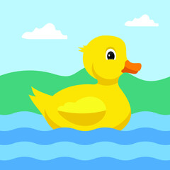 cute yellow rubber duck in water, isolated on white background, vector illustration
