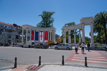 Batumi, Georgia - May 24, 2022: Flags of Georgia and the European Union