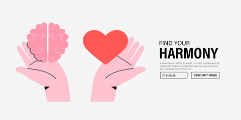 Wellness concept. Body and brain harmony, meditation, exercises or healthcare. Hands hold heart shape and human brain. Concept of mental and physical health, connection or balance.