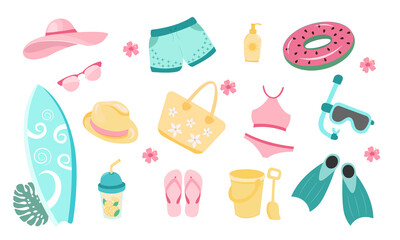 Set of summer icons. Beach hut, sunglasses, sunscreen cream, beach bag, cup of lemonade, rubber ring, beach toys, flippers, snorkel mask, swimming trunks, swimsuit, slipper. Set of summer accessories.