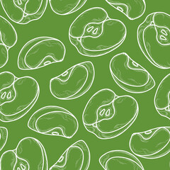 Green color apple fruit pattern, seamless print, half of apple, slice