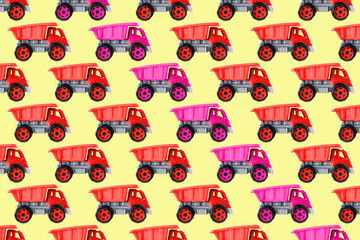 Colorful pink red plastic dump truck,tip lorry,car toy isolated on yellow background asymmetric seamless pattern,mockup, template, toys for children, girls, kids development, playing, childhood