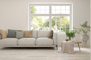 White living room with sofa. Scandinavian interior design. 3D illustration