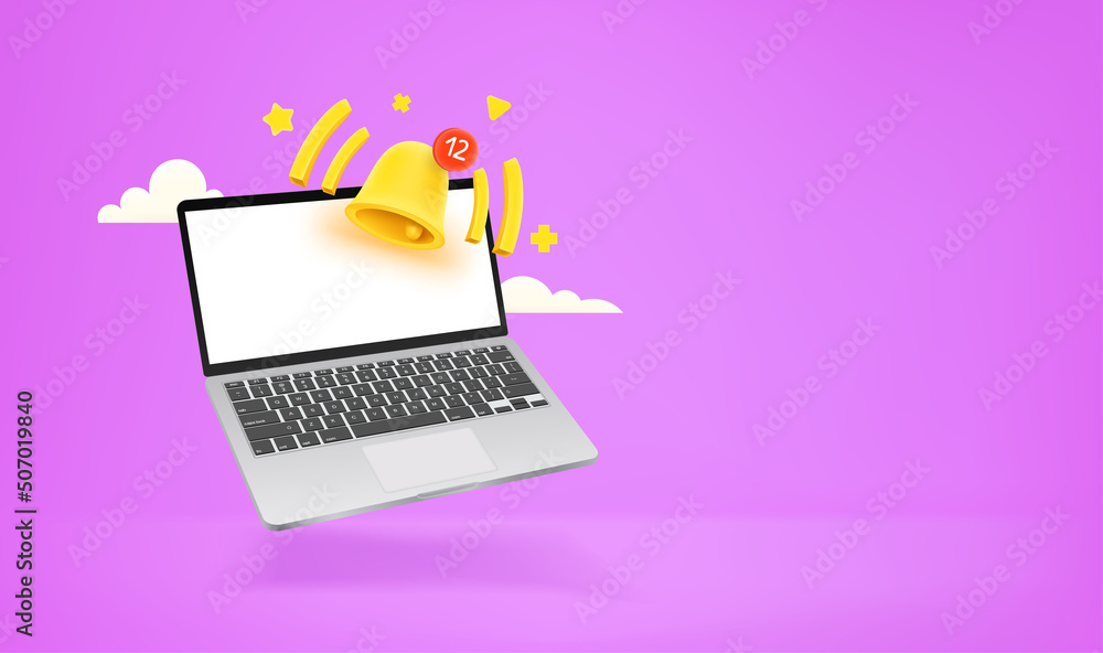 Poster Receiving notifications on modern laptop. 3d vector banner with copy space