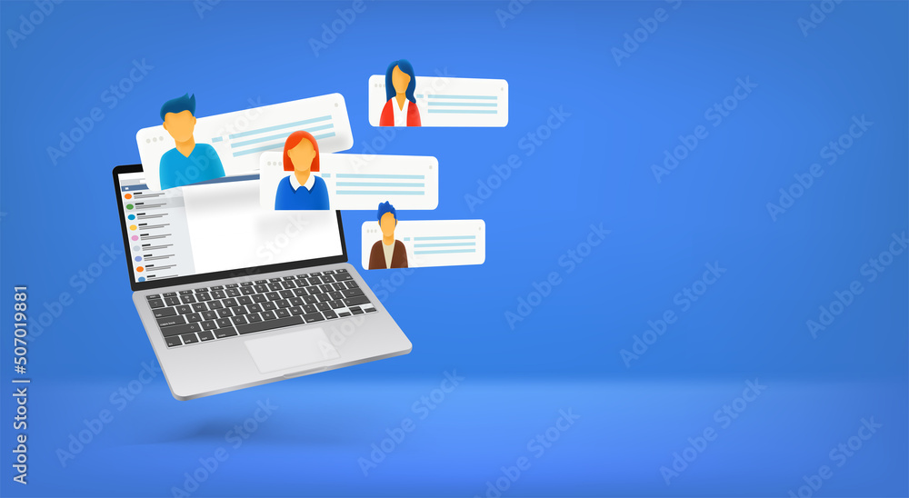 Poster Conference via modern computer. Vector banner with copy space