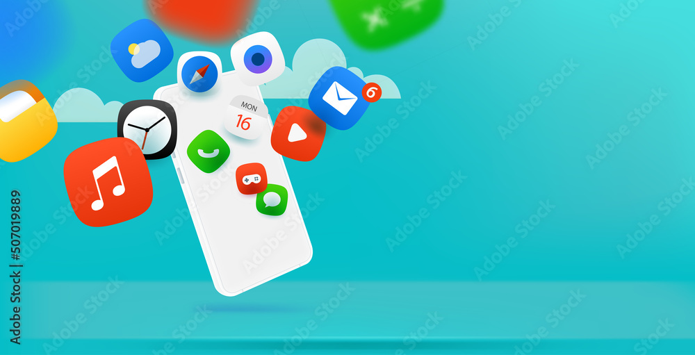 Leinwandbilder Using different internet applications on smartphone. Horizontal vector banner with copy space