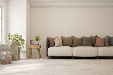 Fototapeta premium White living room with sofa. Scandinavian interior design. 3D illustration