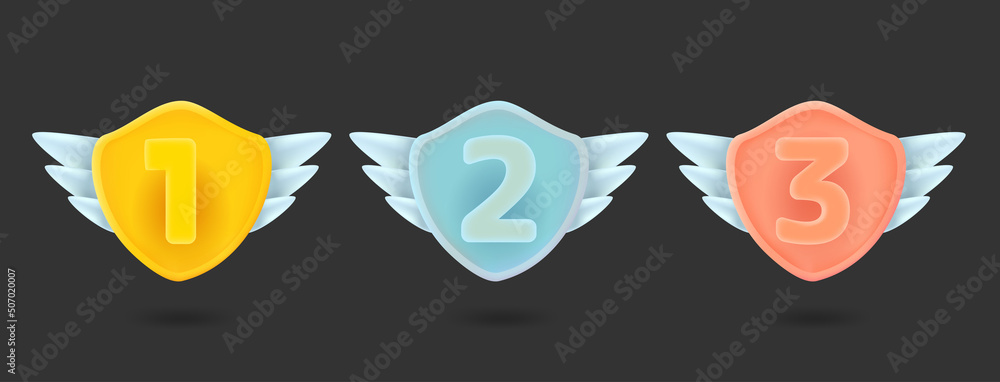 Poster badges with numbers of places isolated on black background. 3d vector elemets set