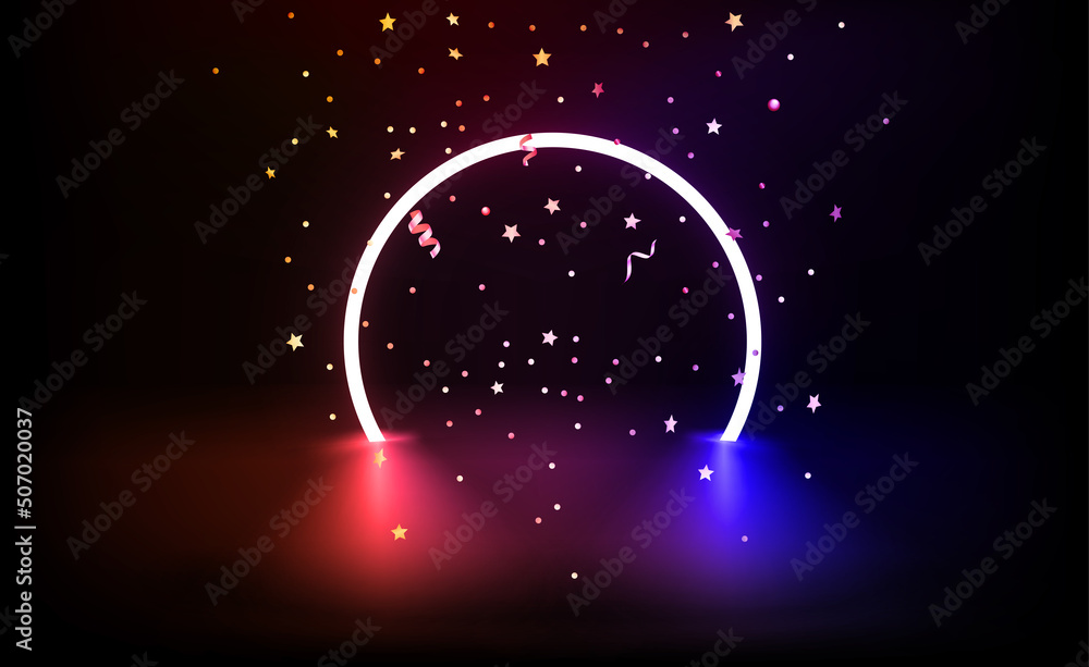 Poster show case with vivid neon arc and confetti. 3d vector illustration