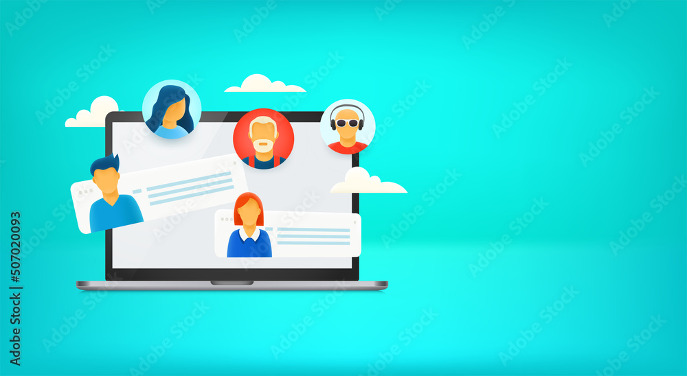 Fototapete Messaging via modern computer. Vector banner with copy space