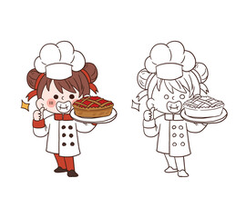 Cute young chef girl smiling and holding a strawberry pie.cartoon vector art illustration