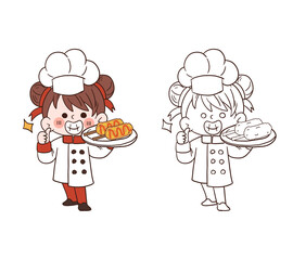 Cute young chef girl smiling and holding a corndog.cartoon vector art illustration