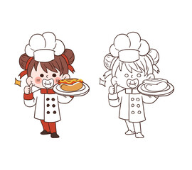 Cute young chef girl smiling and holding a hotdog.cartoon vector art illustration