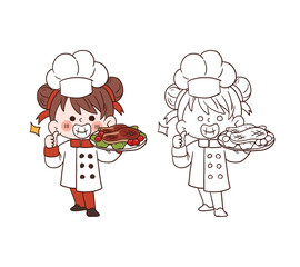 Cute young chef girl smiling and holding a pork steak.cartoon vector art illustration
