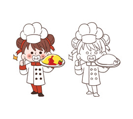 Cute young chef girl smiling and holding an omelette with rice.cartoon vector art illustration