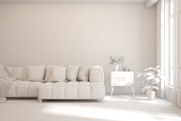 White minimalist living room with sofa. Scandinavian interior design. 3D illustration