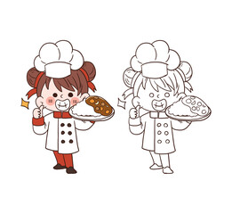 Cute young chef girl smiling and holding a Japanese curry with rice.cartoon vector art illustration