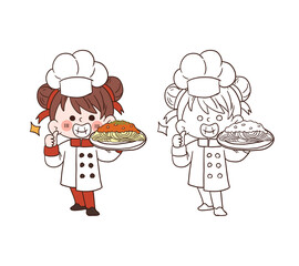 Cute young chef girl smiling and holding a spaghetti.cartoon vector art illustration