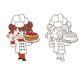 Cute young chef girl smiling and holding strawberry tart cake.cartoon vector art illustration
