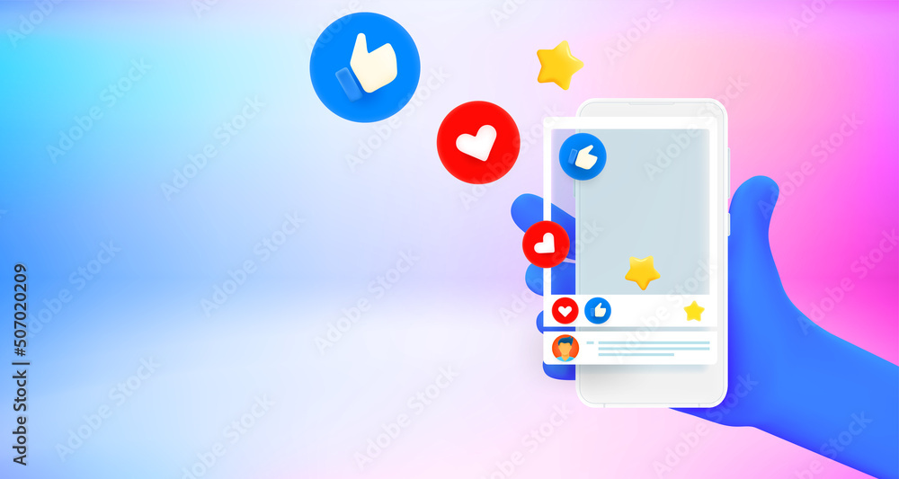 Poster social media post with reactions on smartphone screen. 3d vector banner with copy space