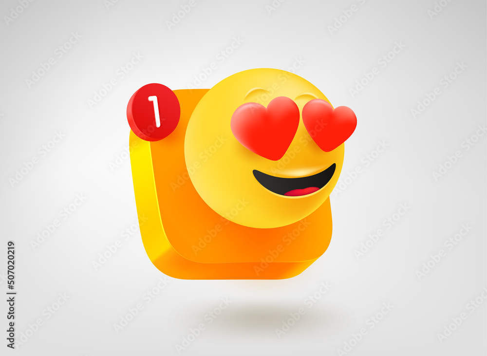 Aufkleber emoji in love button. 3d vector mobile application icon
