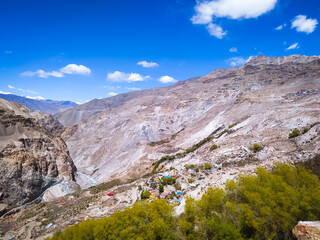  A beautiful view of Spiti Valley with small village in the Himachal Pradesh, India 