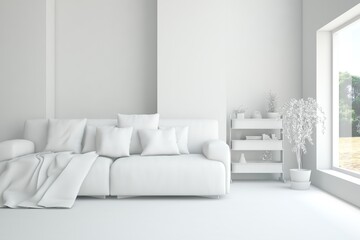 Mock up of minimalist living room in white color with sofa. Scandinavian interior design. 3D illustration