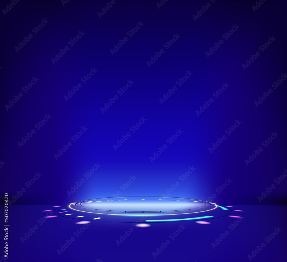 Poster futuristic neon glowing portal. 3d style vector banner with copy space