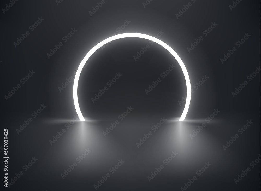 Poster dark interior with circle neon light. 3d vector showcase for display products