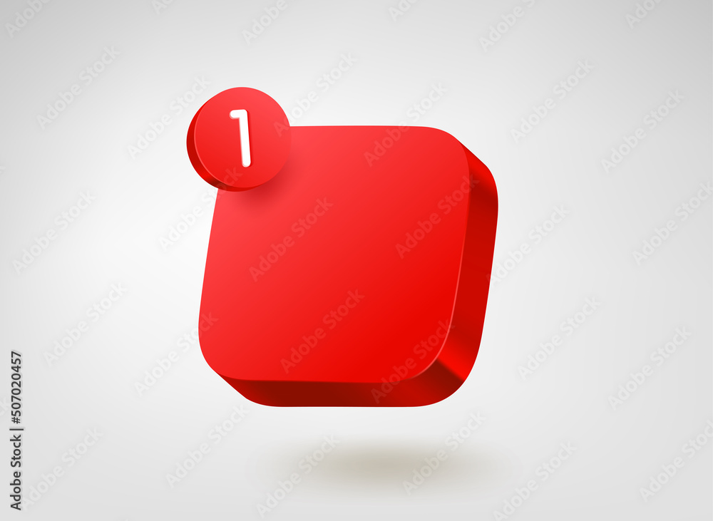Fototapete red button template with notification. 3d vector mobile application icon