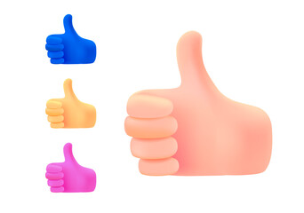 Cartoon hands thumbs up set. 3d vector clipart isolated on white