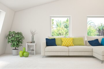 Stylish room in white color with sofa and summer landscape in window. Scandinavian interior design. 3D illustration