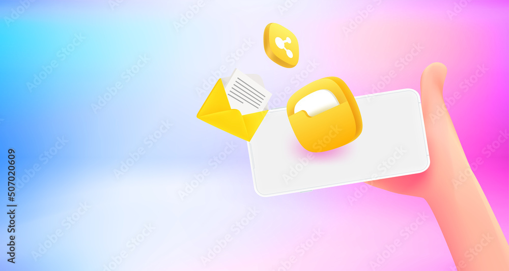 Poster Receiving data via mobile phone. 3d vector banner with copy space