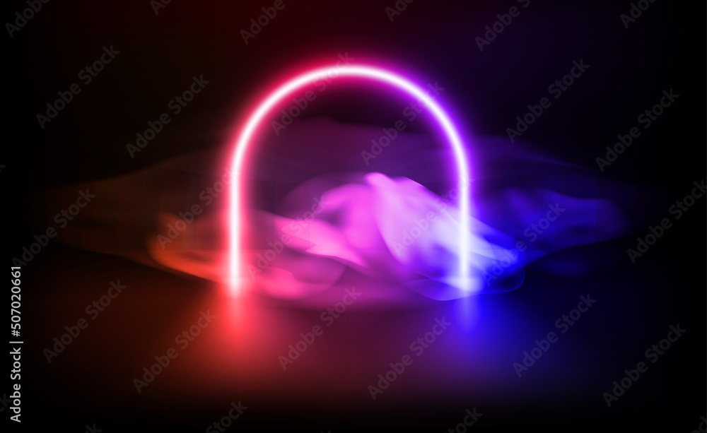 Poster show case with vivid neon arc and clouds. 3d vector illustration
