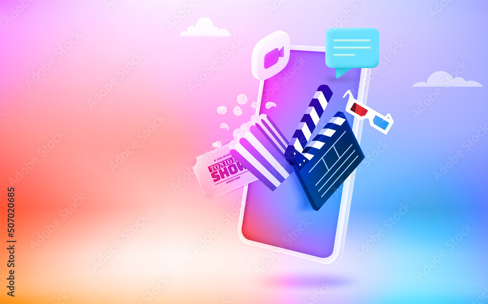 Leinwandbilder using smartphone for entertainment. 3d vector vertical banner with copy space