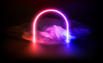 Show case with vivid neon arc and clouds. 3d vector illustration